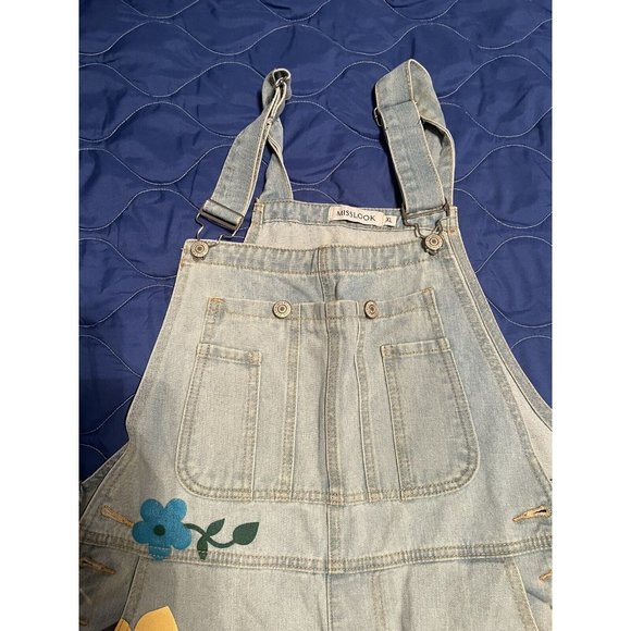 Misslook Floral Painted Denim Bib Overalls size XL - (fits Sz Large) Country - Picture 2 of 9
